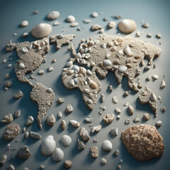 World map consisting of shells, sand and sea stones.