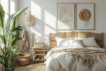 Gallery wall mockup in bright bedroom interior background with rattan wooden furniture, 3d render