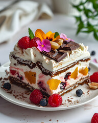 Creamy fruit cake decorated with chocolate, pieces of fruits and filled with whipped cream 