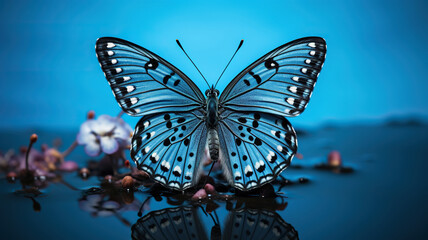 Beautiful blue butterfly on blue water on a blue bokeh background. Generated by artificial intelligence