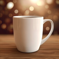 White mug for coffee or tea on the table with blurred background. Mockup cup creative concept