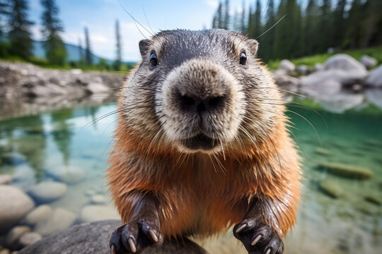 A curious marmot looks directly at the camera in the mountains. Generated by artificial intelligence