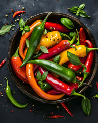 Red and green peppers in the bowl on the table. Colorful food concept photo