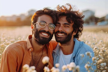 Two joyous men capture their friendship in a vibrant selfie, surrounded by the beauty of nature's sky and flower-filled field, showcasing their stylish clothing and infectious smiles, while one dons 