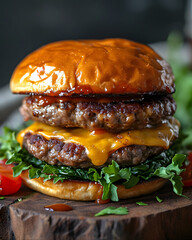 Delicious tasty double hamburger with toppings and vegetables, Two patties are roasted perfectly. Cheeseburger promo photo