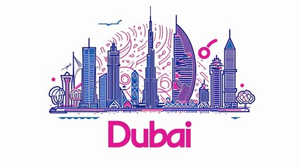 Dubai city line art Vector illustration with all famous towers. Cityscape. 