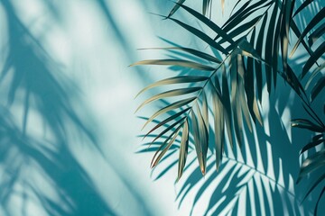 Summer minimal background with shadow from natural palm leaf. Pastel colored aesthetic photo with palm plant.