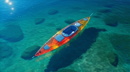Fototapeta premium A vividly colored kayak, featuring a combination of red and yellow, effortlessly floats atop the calm surface of a body of water.