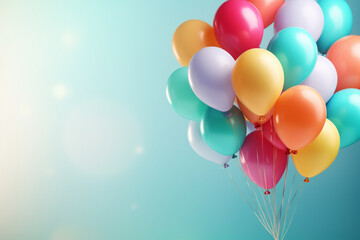 colorful balloons on a blue background with a space for text Happy birthday created using generative Ai tools