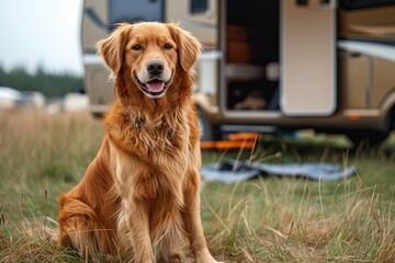 A majestic golden retriever enjoys a peaceful afternoon in the lush green grass, embodying the perfect harmony between nature and man's best friend