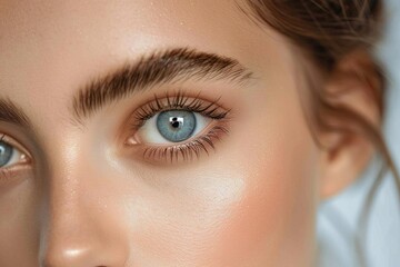Fototapeta premium A mesmerizing closeup of a woman's face, showcasing her beautiful eyes adorned with long eyelashes and carefully applied eye shadow, capturing the delicate balance of human beauty and toiletry