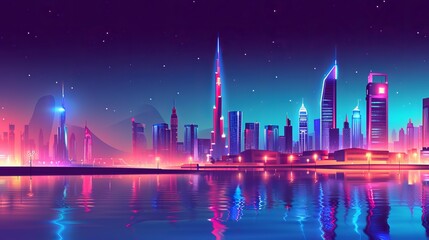 "DUBAI city with hotel tower skyline, neon illumination. UAE night cityscape architecture background, modern megapolis at Persian Gulf waterfront. Cartoon vector illustration