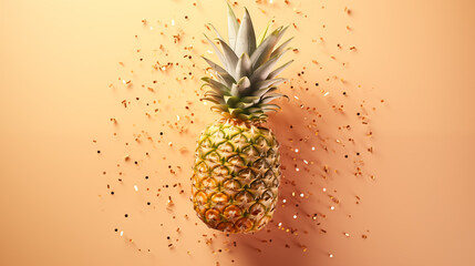 Pineapple is lying on a peach-colored background, golden confetti is scattered nearby