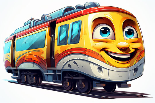 Happy cartoon bright train with smiling face on white background