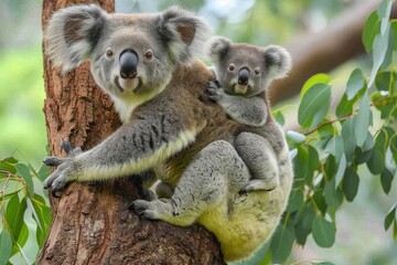 Naklejka premium A protective mother koala cradles her adorable baby in the safety of their leafy tree home, showcasing the beauty of nature and the bond between mother and child