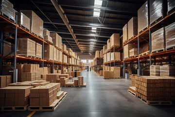 Large modern industrial long warehouse. Variety of boxes and containers with cargo on racks, pallets and long shelves.