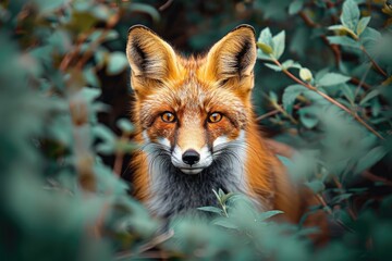 Amidst the lush green grass, a curious red fox peers out from the bushes, surrounded by its fellow swift, dhole, and grey foxes, as well as the larger coyote and canis species, all blending seamlessl