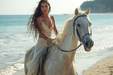 A free-spirited woman elegantly gallops along the tranquil shoreline, her dress flowing in the wind and her majestic horse effortlessly gliding over the sandy ground