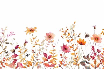 Watercolor painted seamless border on white background. Orange and pink autumn wild flowers, branches, leaves and twigs