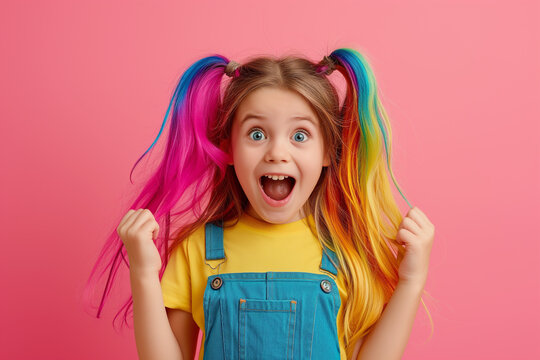 Beauty little Girl portrait with Colorful Hair. Young happy satisfied excited fun surprised amazed girl with color hair in color casual clothes spread hands look camera isolated on plain pink backgrou