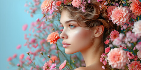 Female portrait in profile with spring and summer flowers in her head hair, on pastel blue...