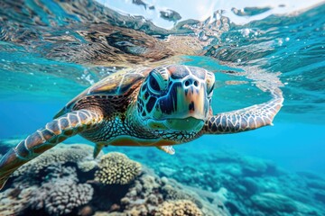 Fototapeta premium An elegant sea turtle gracefully navigates through the vibrant reef, its slow movements mirroring the peacefulness of the underwater world