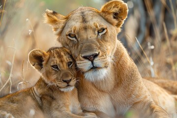 Fototapeta premium A fierce masai lioness and her curious cub bask in the warmth of the savannah, their powerful snouts and delicate whiskers blending into the golden grass as they stand tall, embodying the majesty of 