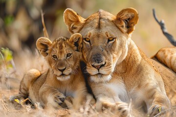 A majestic masai lion and her curious cub rest peacefully in the wild grass, embodying the strength and beauty of the animal kingdom
