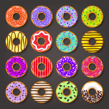 Donut, begel with cream. Cookies,cookie cake set. Sweet dessert with sugar and caramel. Tasty breakfast cooking. Cafateria food, snack. Coffee shop.Vector illustration.