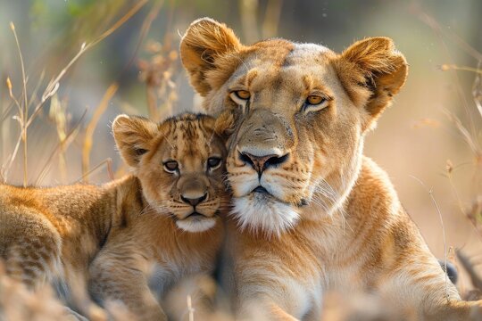 A majestic masai lion and her curious cub share a peaceful moment in the african grasslands, showcasing the bond between mother and child in the wild
