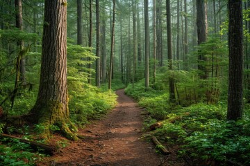 A winding trail through an oldgrowth forest, surrounded by lush vegetation and towering trees, leading to a tranquil grove in the heart of a natural landscape