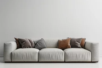 Foto op Plexiglas Livingroom interior wall mock up with gray fabric sofa and pillows on white background with free space on right. 3d rendering. © Ahtesham