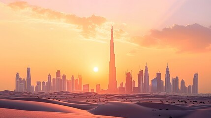 Dubai skyline in desert at sunset. 