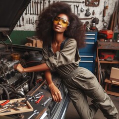 Attractive woman car mechanic, woman repair retro vehicle in garage.