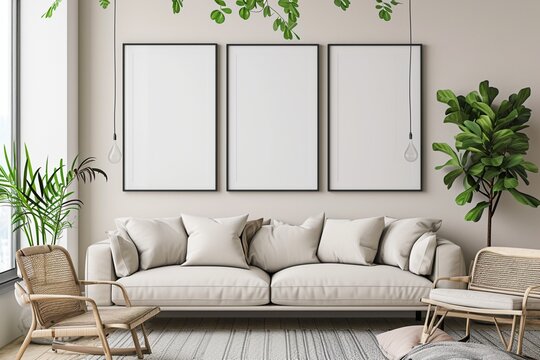 Minimal modern home design with warm furniture colors, poster frame mockup on bright interior background, 3d render