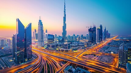 Fototapeta na wymiar Dubai skyline with beautiful city close to it's busiest highway on traffic