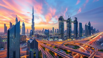 Dubai skyline with beautiful city close to it's busiest highway on traffic - obrazy, fototapety, plakaty