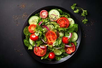 A bowl of healthy salad, black background