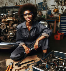 Fototapeta na wymiar Attractive woman car mechanic, woman repair retro vehicle in garage.