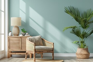 Modern bright living room in costal style, rattan chair and wooden furniture on light blue wall background, 3d render - obrazy, fototapety, plakaty