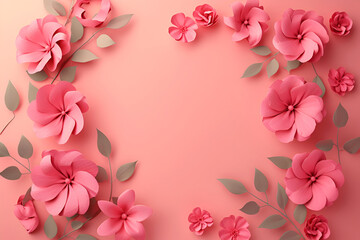 Fototapeta na wymiar Background of pink paper flowers with empty space for text or greeting card design. Postcard for International Women's Day and Mother's Day.