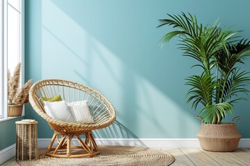 Modern bright living room in costal style, rattan chair and wooden furniture on light blue wall background, 3d render - obrazy, fototapety, plakaty