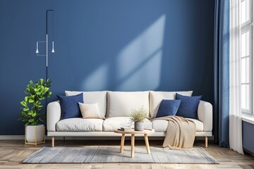 Modern cozy living room and blue wall texture background interior design / 3D rendering