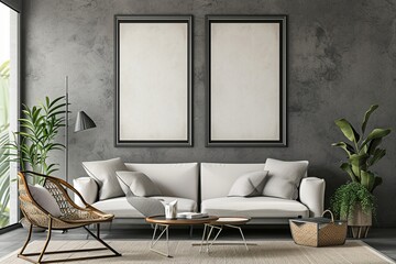mock up poster frame in modern interior background, gallery wall in gray living room, Scandinavian Boho style