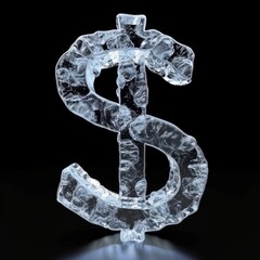 Ice Dollar Sign isolated on Black Background. Photorealistic Buck Sign on Black backdrop. Square Illustration. Ai Generated Finance and Currency 3D Symbol.