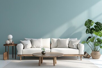 Modern bright living room in costal style, white sofa and wooden furniture on light blue wall background, 3d render