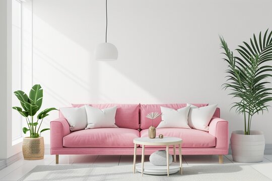 Modern bright living room design, pink ad white furniture on minimal background, interior space mock up, 3d render
