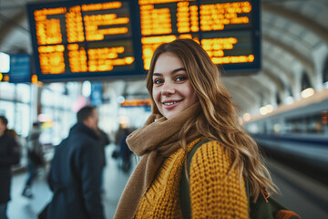 Happy Businesswoman in Front of Information Board at Train Station - Generative AI.