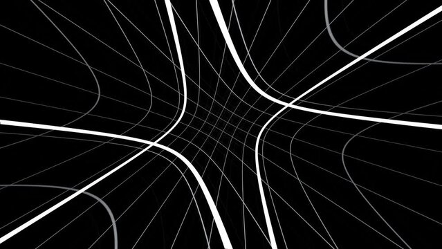 3d abstract spider web black and white background. Glowing neon light stripes in dark space. Lines isolated black. Loop animation 30fps 4k