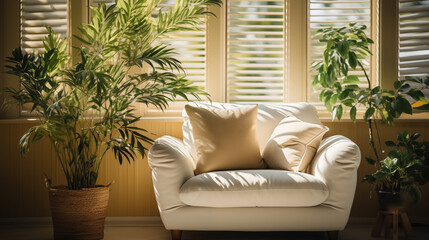 Light stylish furniture, beige and white armchair with decorative pillow, green plant in background, home style